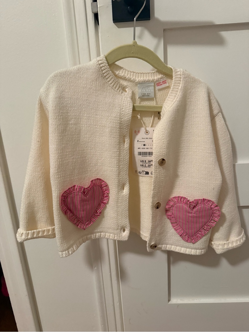 Zara Kids Cream Cardigan with Pink Heart Patches